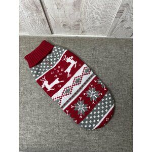 Christmas Dog Sweater Red & Gray Reindeer Pattern 12" Acrylic Knit Pet Winter